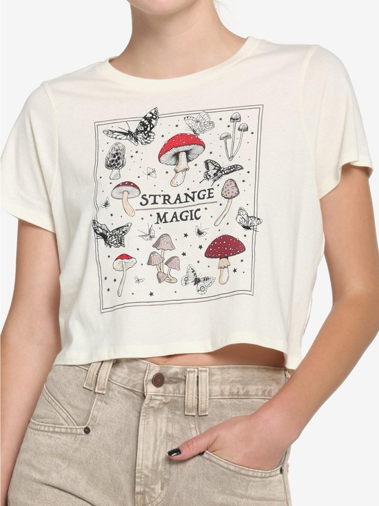 Hot Topic Tops - Hot Topic Cream 'Strange Magic' Crop Tee with Red Mushroom Accents